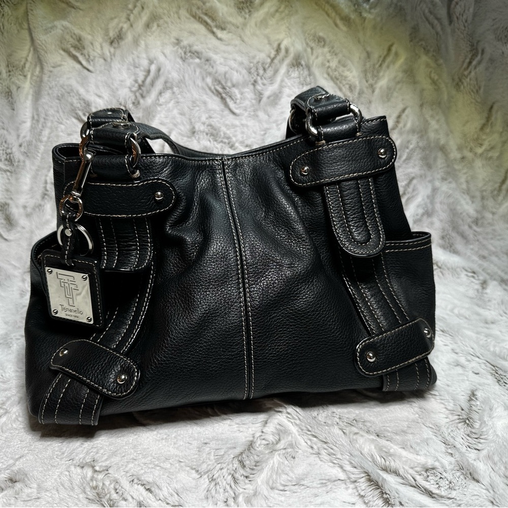 Tignanello Black Pebbled Leather Satchel Handbag Lined Bag